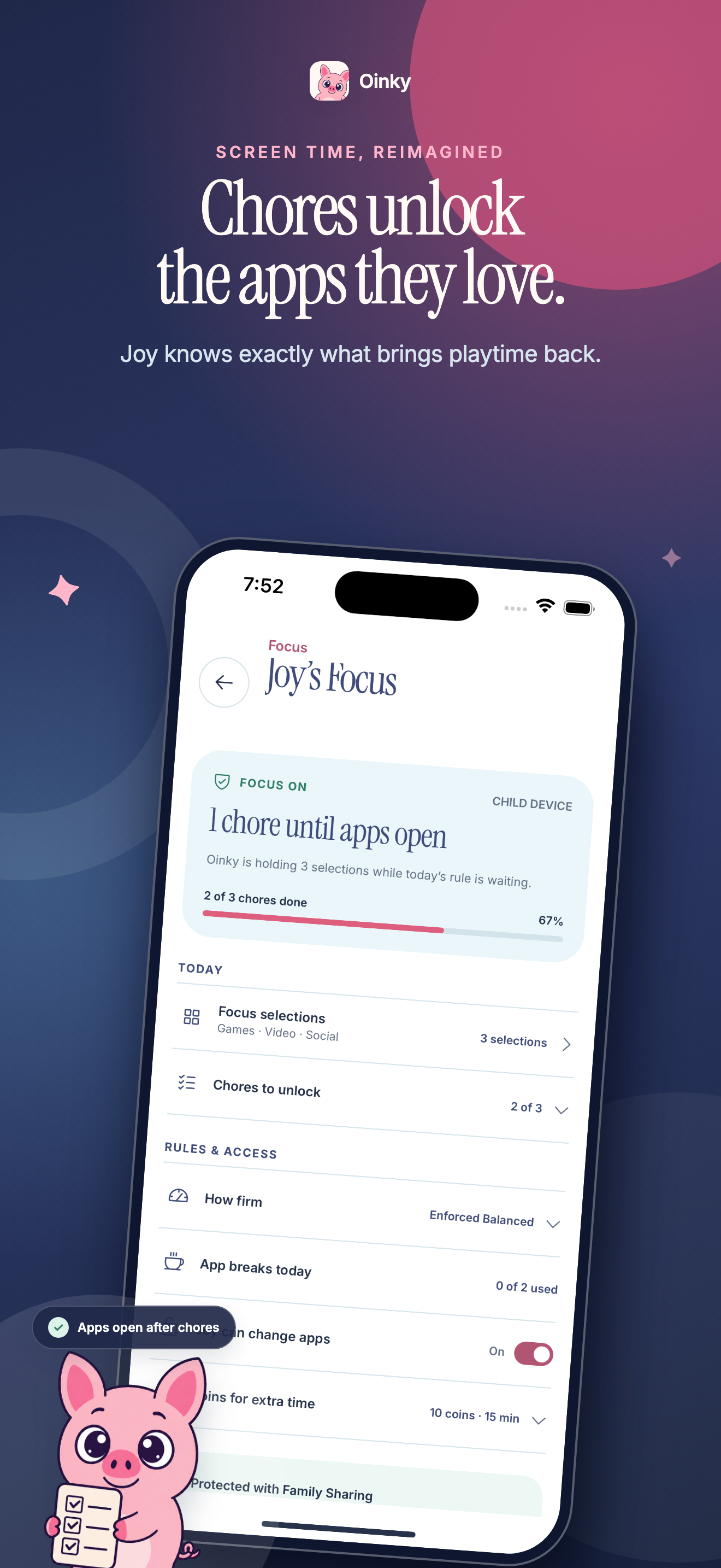 Oinky chores and app access product screen